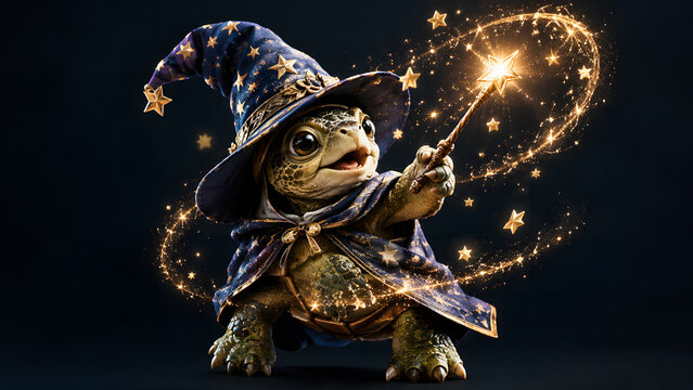 Cute Turtle Wizard Casting a Spell with Magic Wand, Glitter and Stars, Fantasy Animal Illustration on Dark Background