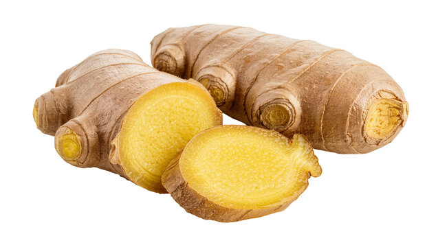 Whole and sliced fresh ginger root with fibrous texture, isolated on transparent background