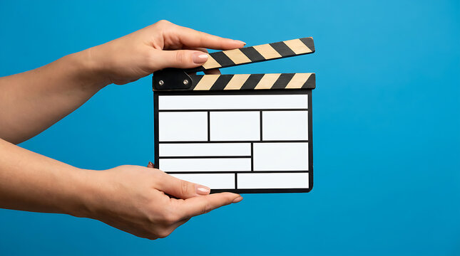 Female Hands Holding Film Clapperboard Against Blue Background.