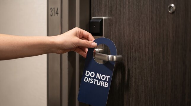 woman hotel room safety concept. Hand placing a "Do Not Disturb" sign on a hotel room door handle.