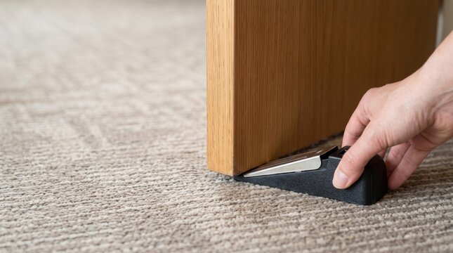 woman hotel room safety concept. Doorstop being placed under wooden door on carpeted floor