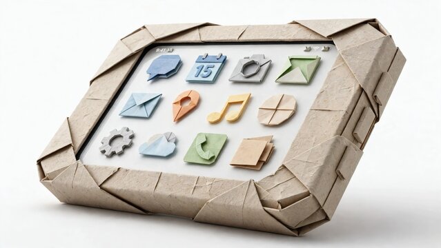 Origami tablet computer made from folded craft paper showcases colorful app icons on a white background.