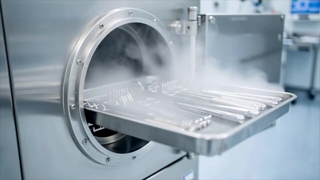 Autoclave releases steam over medical instruments during sterilization. Healthcare equipment for infection control and sterile processing.
