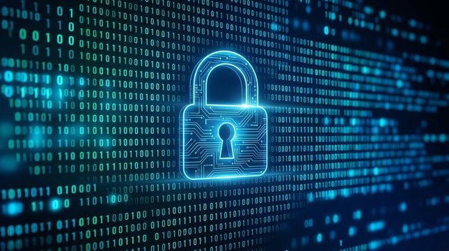 Digital padlock on binary code background representing cybersecurity