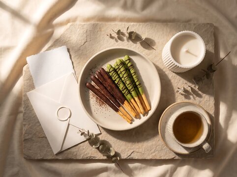 Cozy Flat Lay of Sweet Dipped Biscuit Sticks for Pepero Day and Double 11