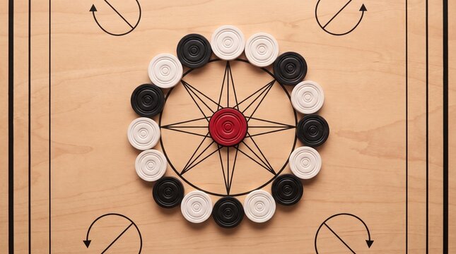 Carrom board features black, white, and red wooden pieces arranged in a circular formation surrounding the central star design during gameplay captured from a top down perspective.