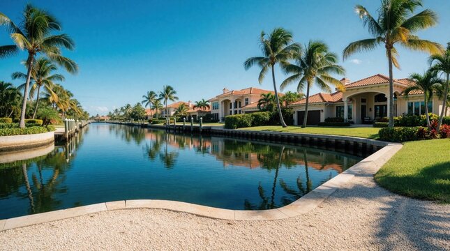 Luxury waterfront houses line calm canal in Cape Coral Florida. Palm trees, green lawns surround expensive real estate homes. Tropical residential area features blue water reflections under sunny
