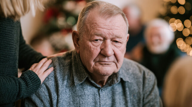 Elderly man with somber expression receiving supportive touch during christmas family gathering with festive lights in background