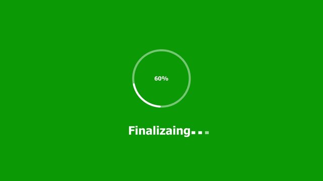 Circular loading bar animation progress indicator with percentage counter and finalizing text on green screen chroma key background, for software development, and user interface projects