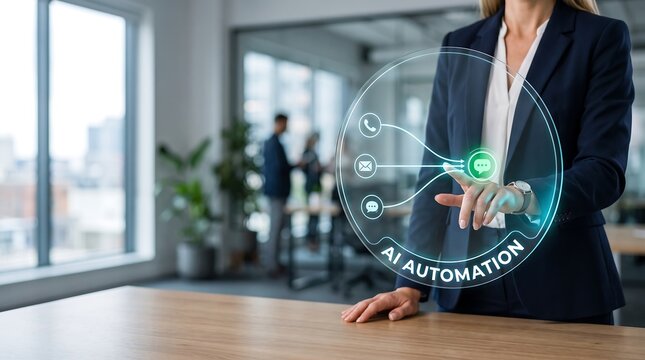 Professional woman touching holographic interface for managing customer communications and automated business messaging systems in office
