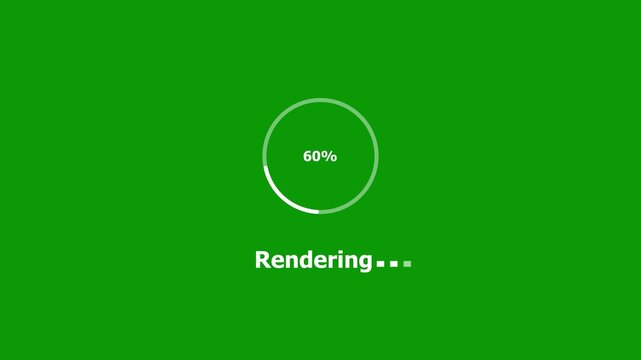 Dynamic green screen rendering progress bar animation with circular percentage counter indicator and animated loading text for digital media production and software development projects