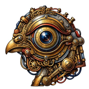 Steampunk mechanical bird head with a camera lens eye and gears