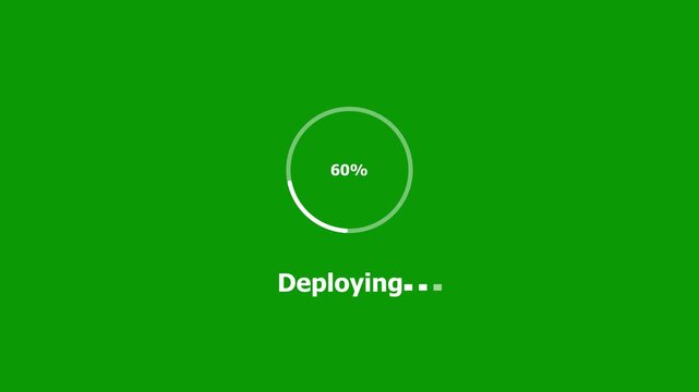 Dynamic green screen deploying progress bar animation with circular percentage counter and animated loading dots for software installation, tech development, and digital systems integration