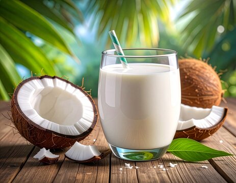 Erfrischendes Glas mit cremiger Kokosmilch kombiniert mit frischen Kokosn&uuml;ssen, Symbol f&uuml;r pflanzliche Milchalternativen, vegane Ern&auml;hrung, tropischen Genuss, Feuchtigkeitspflege und exotische Zutaten