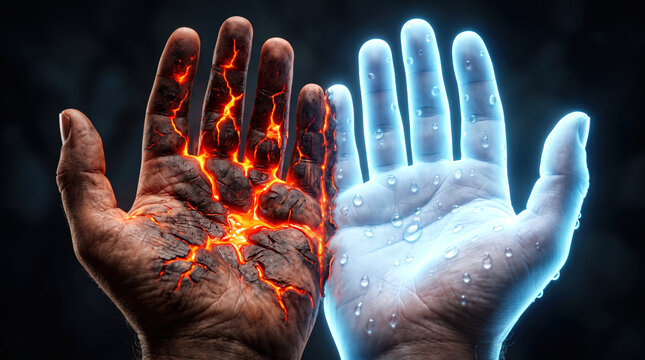 Hands Representing Fire Lava and Ice Water Elements Contrast
