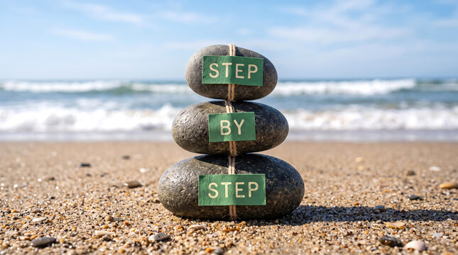 Step By Step Text Labels on Stacked Balance Stones at Beach