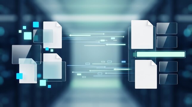 Digital document files transferring between two data nodes representing secure information exchange and cloud synchronization in modern business technology infrastructures