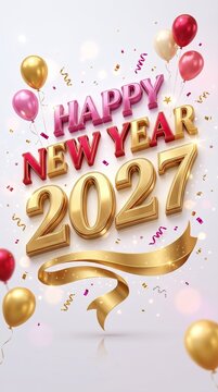A festive Happy New Year 2027 greeting card design featuring 3D golden typography, floating balloons in red, pink, and gold, and elegant gold ribbons on a soft, confetti-dusted white background