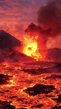 A Stunning Eruption: Captivating Frames of a Volcano Spewing Lava and Ash, Illuminating the Landscape with Fiery Hues and Atmospheric Effects