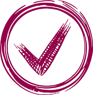 Purple check mark icon in hand drawn textured circle frame for valid mark element