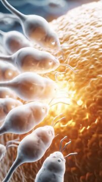 A close-up visual representation of sperm cells approaching an egg, capturing the intricate details of cellular life and the process of fertilization in stunning clarity.