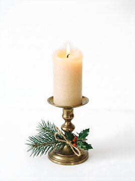 Burning beige pillar candle on a classic brass candlestick holder with pine sprigs and holly berries isolated on white. Ideal for holiday decor, Christmas cards, and cozy winter concepts.