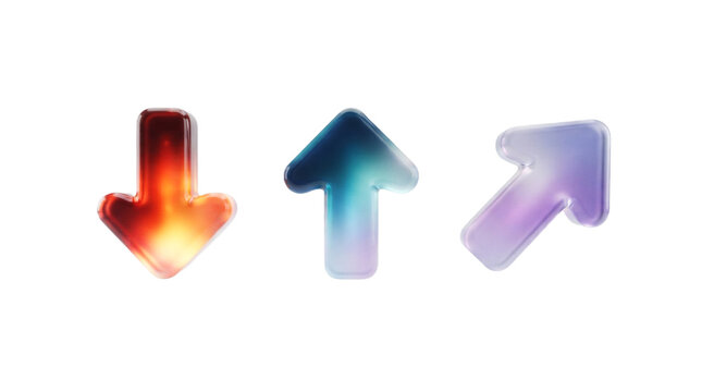 Set of three glossy gradient glass arrow icons on transparent background