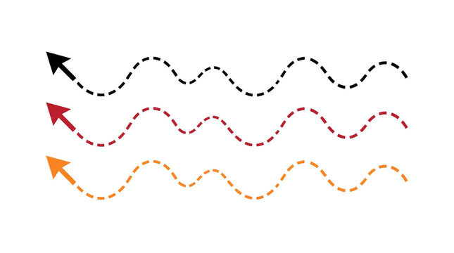 Three colorful wavy dashed arrows isolated on a transparent background