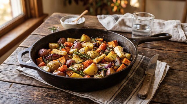 Cast iron skillet of roasted root vegetables with rosemary on a rustic table
