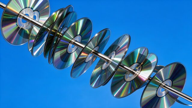 compact discs threaded onto a polished metal rod form a oversized spiral. technology advertising, music-related campaigns, digital media concepts, retro technology themes, creative editorials 