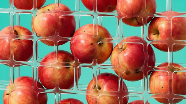 Red Apples Pressed Through Transparent Plastic Grid, Commercial Food Photography. grocery campaigns, healthy eating concepts, packaging design, supermarket promotions