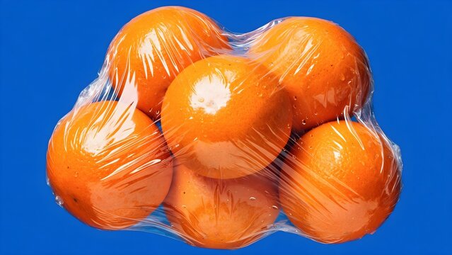 Oranges Compressed Inside Transparent Plastic Wrapping, Citrus Food Advertising Concept. fruit advertising, grocery campaigns, packaging concepts, food branding, supermarket promotions