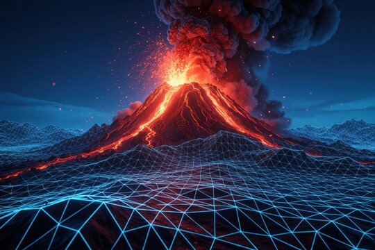 Active volcano erupts with fiery red lava flow under dark blue sky. Huge smoke cloud rises from mountain crater. Digital wireframe landscape covers ground with glowing blue grid lines. Powerful