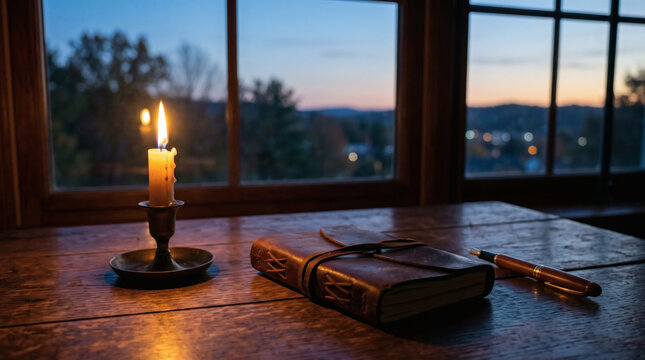 Lit candle, leather journal and pen on a wooden desk at dusk