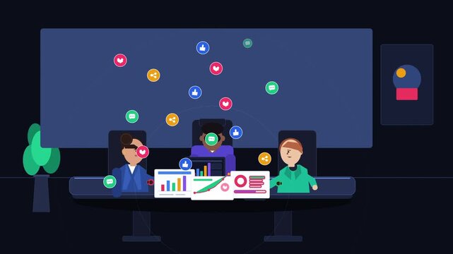 Pixel art animation team analytics metrics charts social media icons