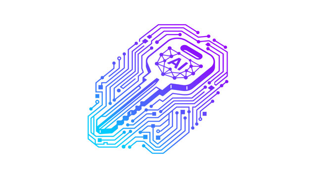 Digital key symbolizing artificial intelligence access and data security with intricate circuit board pattern and glowing gradient colors representing advanced technology innovation and computer