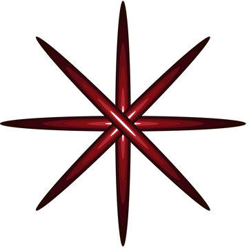 Red glossy eight-pointed star shape resembling a compass rose on white background - navigation symbol illustration