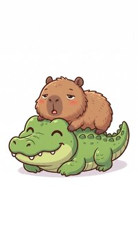 sleeping baby crocodile with capibara
