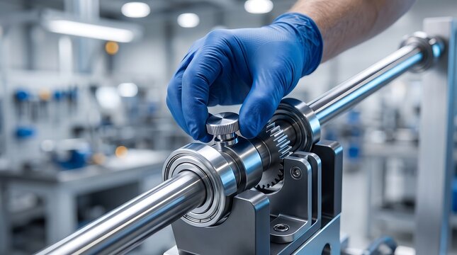 Technician adjusting precision metal spindle component on industrial machinery inside modern manufacturing facility with depth of field focus on mechanical assembly and steel shaft calibration