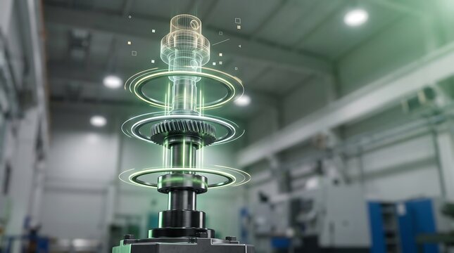 Digital holographic projection of complex mechanical gear assembly floating above metal drive shaft inside industrial manufacturing facility with glowing data points and circular energy rings