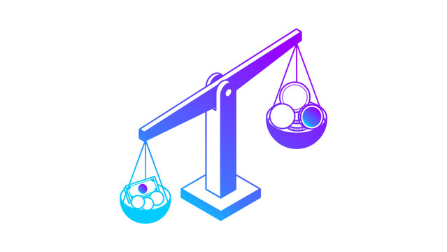 A conceptual isometric scale representing concepts of financial assessment and value comparison with balanced weights in each pan illustrating investment decisions and economic equilibrium