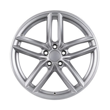 Silver alloy car wheel isolated on a white background, modern vehicle rim