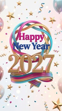 Vibrant and Festive Happy New Year 2027 Celebration Greeting Card Design Featuring Colorful 3D Twisted Ribbons, Golden Numbers, Sparkling Stars, and Party Confetti on a Soft Bright Background