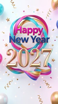 A vibrant and festive Happy New Year 2027 celebration card featuring 3D gold numbers, colorful swirling ribbons, floating balloons, and sparkling confetti on a bright, light-textured background.