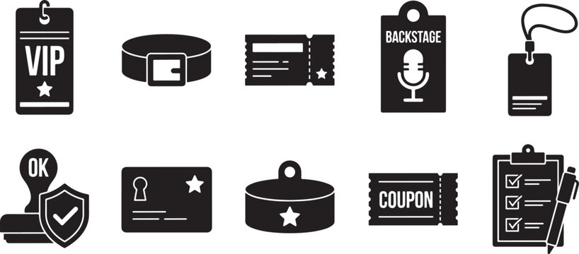 Various access passes including VIP badge, wristband, ticket stub, backstage pass, lanyard, security clearance, star card, and coupon, plus a checklist.