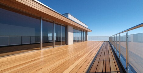 Obraz premium Modern villa terrace with wooden deck, glass railing. Luxury house balcony features large reflecting windows under clear blue sky. High end residential exterior design offers space for outdoor