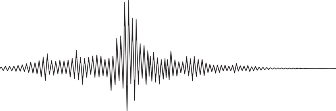Black and white earthquake seismograph line graph representing seismic activity or sound wave patterns on transparent background.