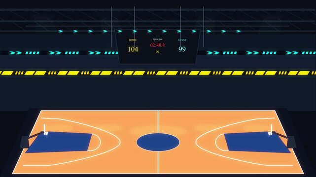 Pixel art basketball court animation with stadium scoreboard and lights
