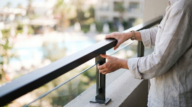 woman hotel room safety concept. Person cleaning a glass balcony railing with a cloth outdoors.