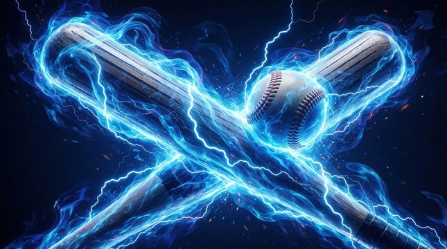 Abstract baseball bat, ball surrounded by bright blue electric lightning energy. Dynamic sports equipment glows with powerful magic aura, sparks. Digital art shows high intensity motion for game